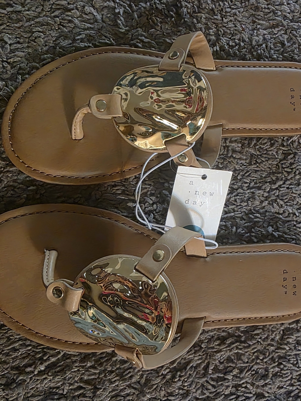 A New Day Tan Leather Metallic Disc Thong Sandals